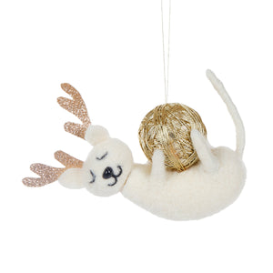 Cream Wool Cat with Yarn Hanging Xmas Ornament