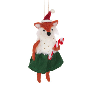 Wool Fox with Candy Cane Hanging Xmas Ornament