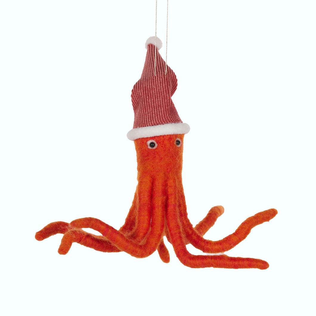 Wool Octopus with Santa Hat Hanging Xmas Ornament