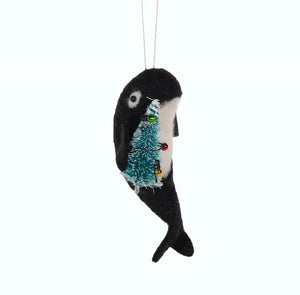 Wool Whale with Tree Hanging Xmas Ornament