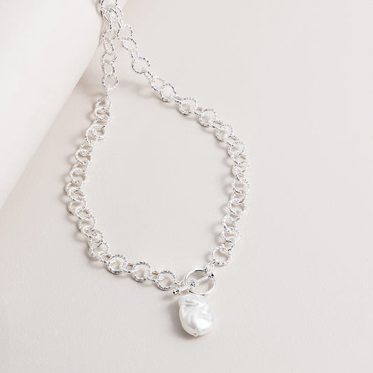 Fob Necklace With Pearl - Silver