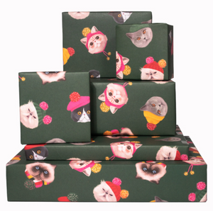 Christmas Cats Green Wrapping Paper - Single Sheet