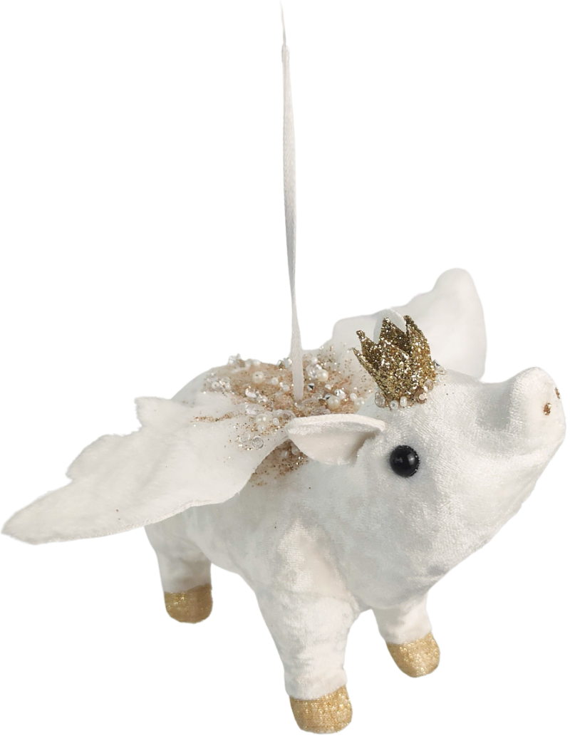 Glitter Beaded Velvet Flying Pig - Hanging Ornament