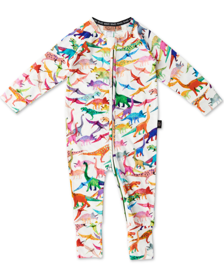 Dino Max White Organic LS Zip Romper