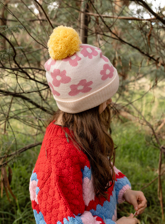 Flower Power Merino Beanie - Pink