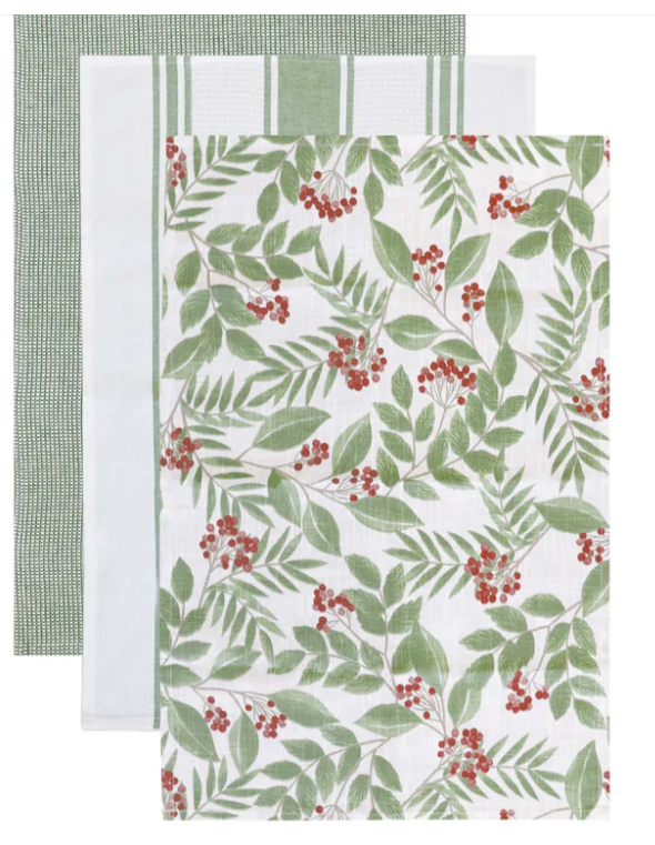 Christmas Sprig Cotton Tea Towels - Set of 3