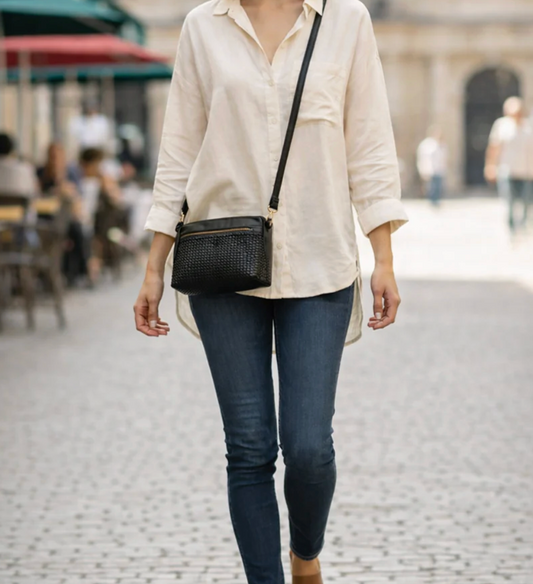 Bendigo Leather Woven Cross Body Bag Black
