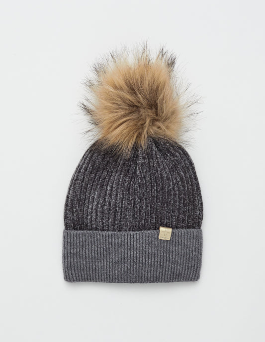 Chenille Beanie with Pom Pom - Grey