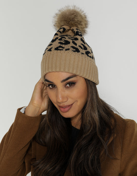 Leopard Beanie - Camel