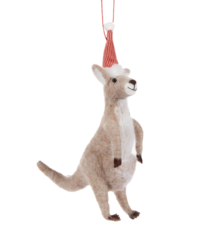 Wool Kangaroo with Santa Hat Hanging Xmas Ornament